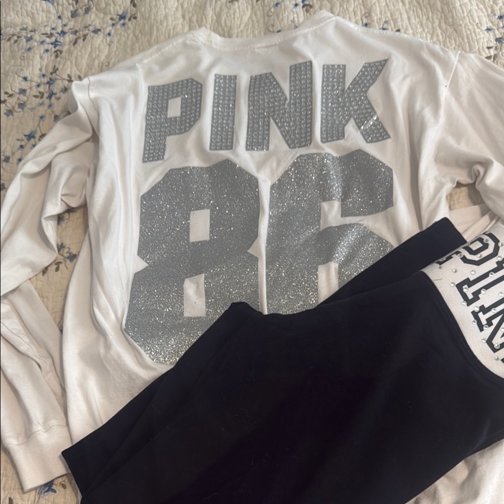 PINK Victoria's Secret White and Glitter long sleeve with black bling leggings
